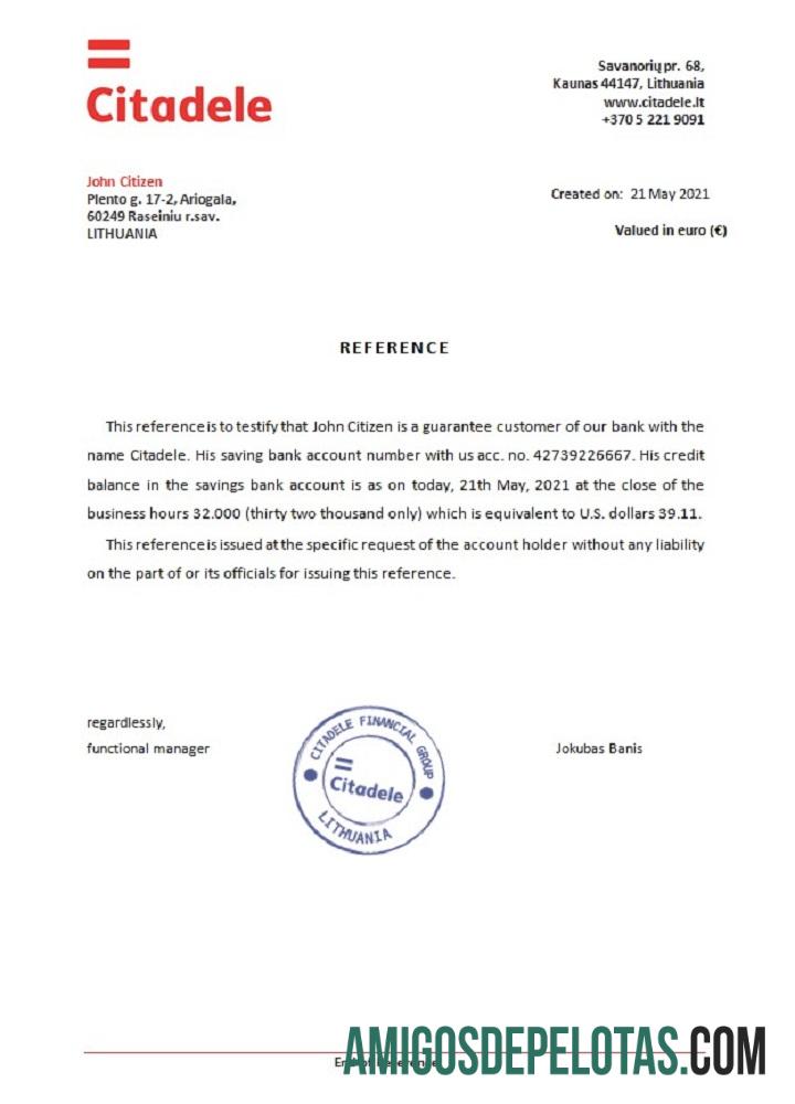 Referência do Banco Citadele da Lituânia exemplo